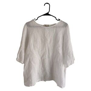 Terzo Millennio 100% Linen Blouse Women M White Bell Sleeves Button Back Italy